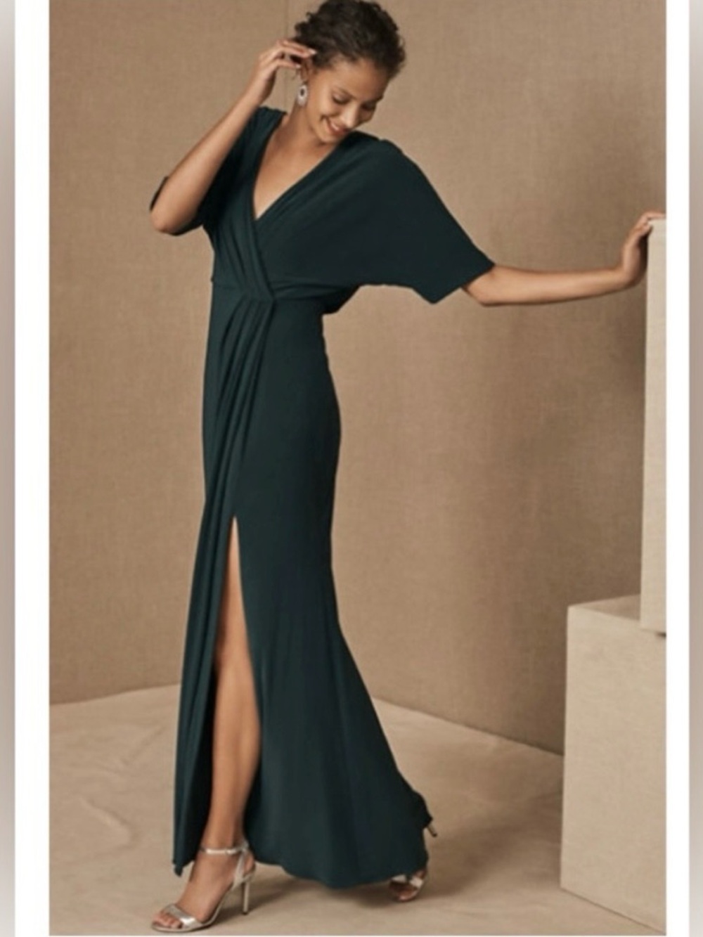 BHLDN Dark Emerald Thorton Wrap Full Length Jersey Dress - Size 2